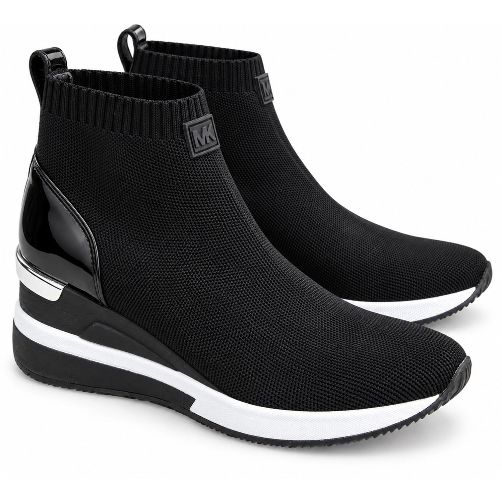 Michael Kors Skyler Black Knit Wedge Sneaker Booties Patent Trim Size 7